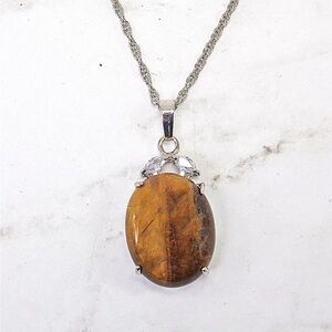 Tigers eye oval stone pendant necklace with clear crystal marquise stones - NEW